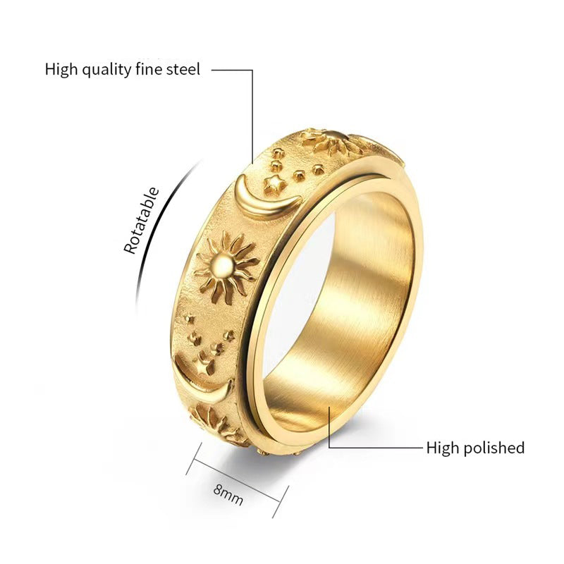 Venta al por mayor Anillo de acero inoxidable Estrella Luna Sol Descompresión giratoria OLY-RS-TongX001